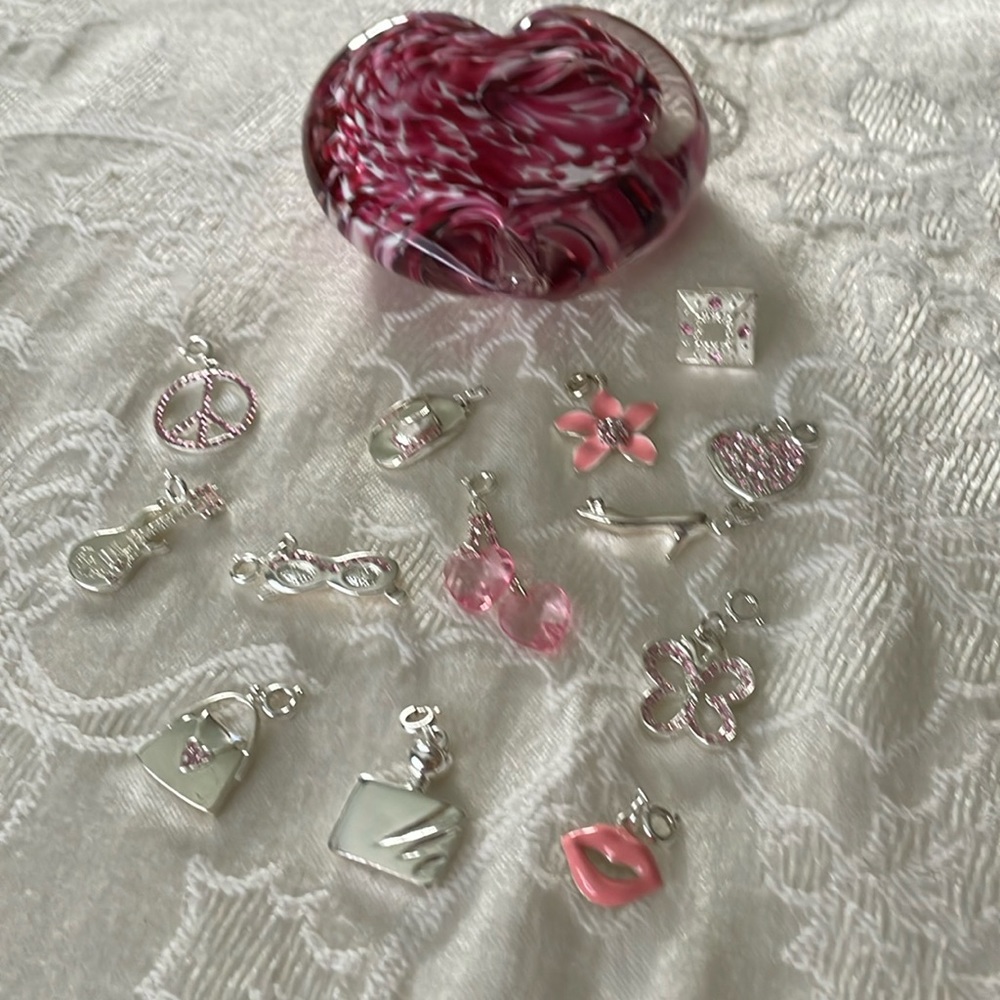 Thirteen Silver Tone & Pink Charms